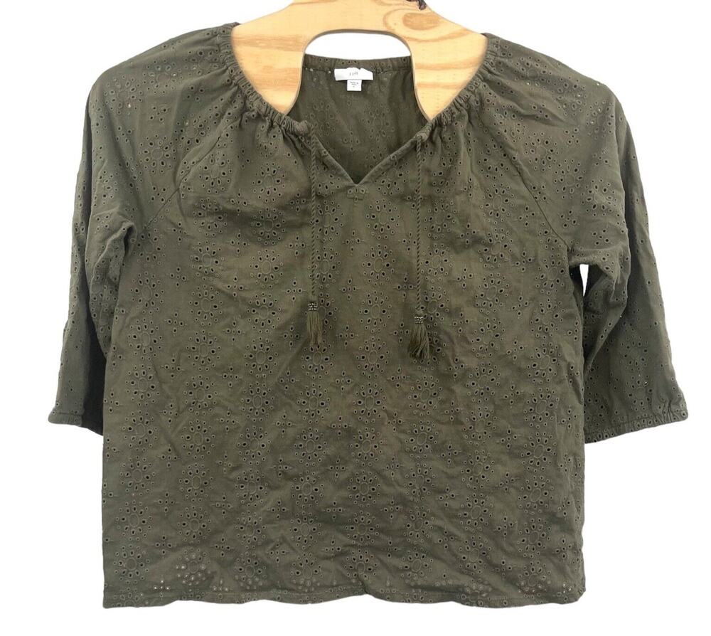 J.Jill 1X Top Womens Green Plus Size Cotton 3/4 Sleeve Floral Cutout Shirt